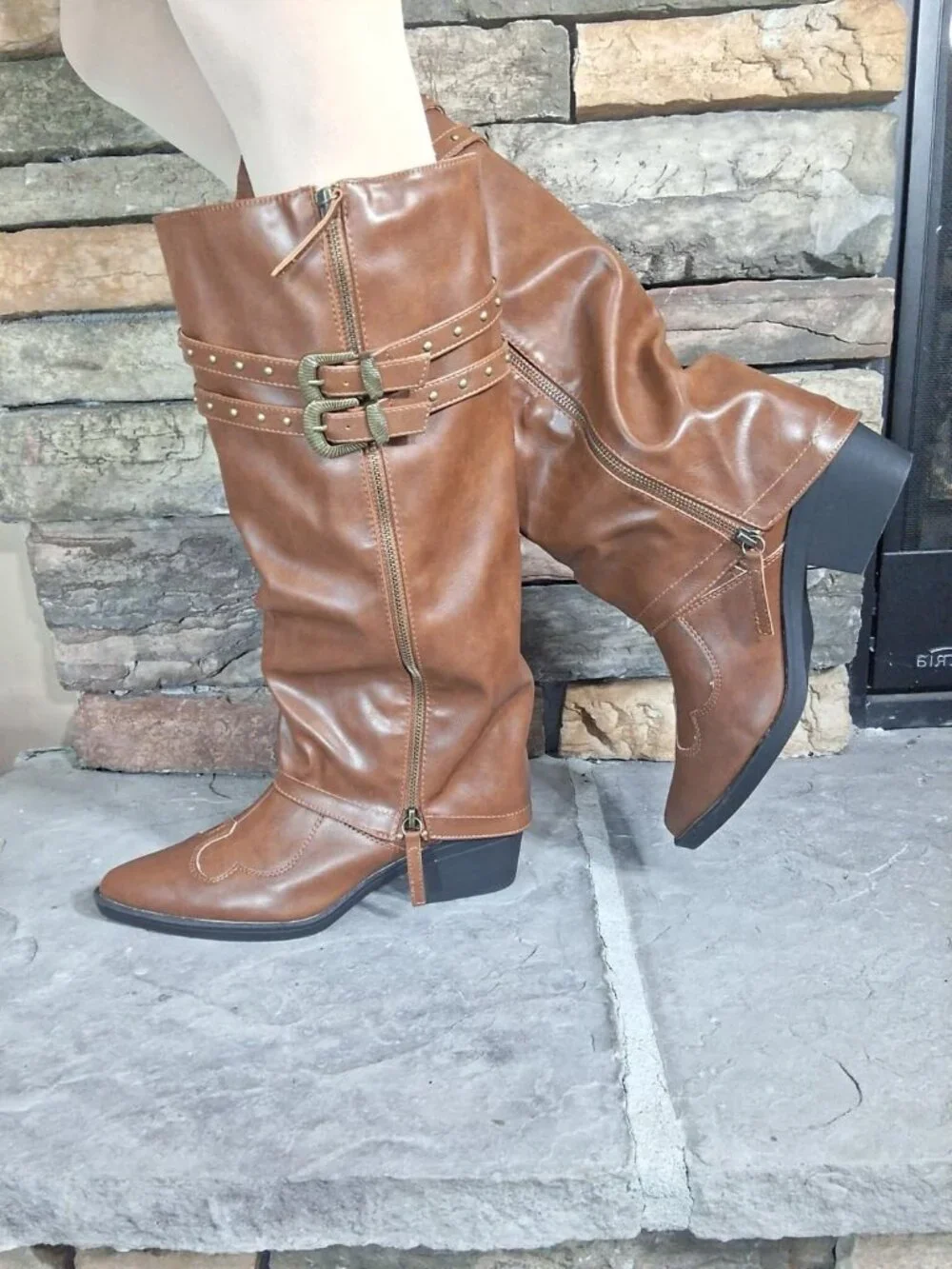 Women's Brown pu Manmade Knee High Fold Over Studded Chunky Heel Shark Boots